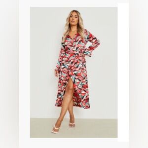 Boohoo Plus Abstract Print Ruffle Wrap Dress